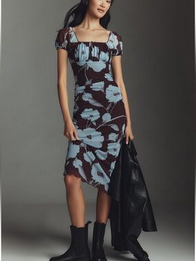 NWT - Maeve Puff-Sleeve Square-Neck Mesh
Midi Dress